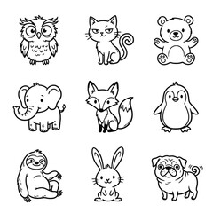 Fototapeta premium Cute black and white animals outline set coloring book graphic design