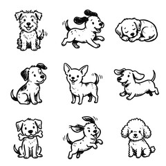 Obraz premium Cute black and white hand drawn dog illustrations set featuring various playful puppy breeds