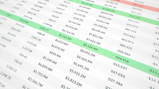 Financial business data analysis process on accounting documents, excel spreadsheet calculation, office balance sheet table on screen, finance company number statement, market statistic report