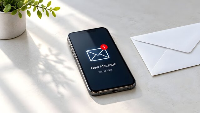 Smartphone showing new message notification next to envelope