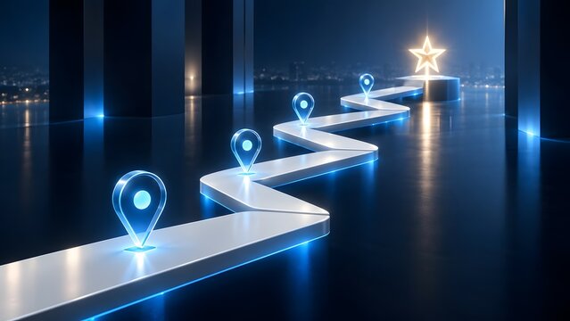 Glowing futuristic roadmap with location pins leading to a bright star destination representing business strategy success milestones and journey progress.