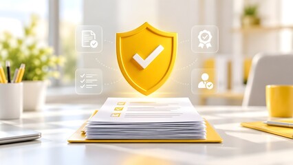 Plakat Yellow glowing security shield with checkmark hovering above a stack of business documents on an office desk representing data compliance and privacy.