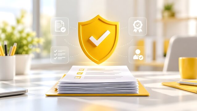 Yellow glowing security shield with checkmark hovering above a stack of business documents on an office desk representing data compliance and privacy.