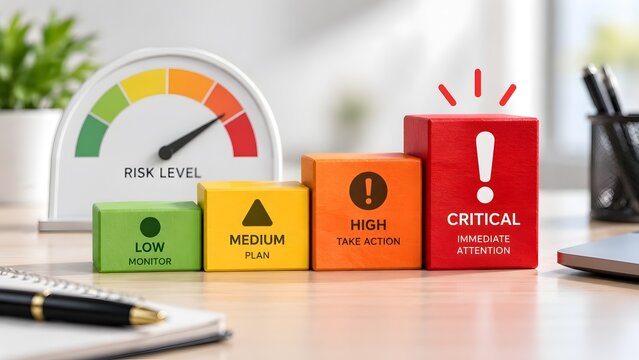 Risk management and assessment concept with wooden blocks showing low to critical levels and a gauge on an office desk.