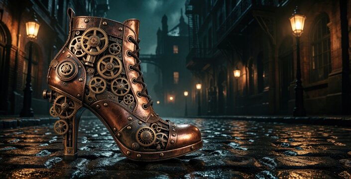 Steampunk high heel shoe made of copper, brass gears sits on wet cobblestone street. Mechanical fashion boot with metal cogs, clockwork parts in dark urban night city. Industrial fantasy footwear