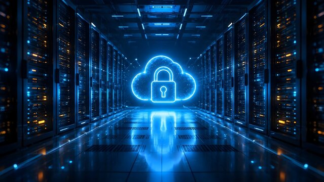 Futuristic cloud computing security concept with a glowing padlock inside a digital cloud hovering in a high-tech server room data center.