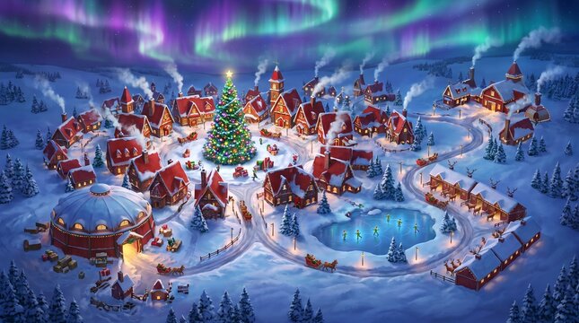 Magical North Pole Christmas Village with Aurora Borealis and Decorated Tree