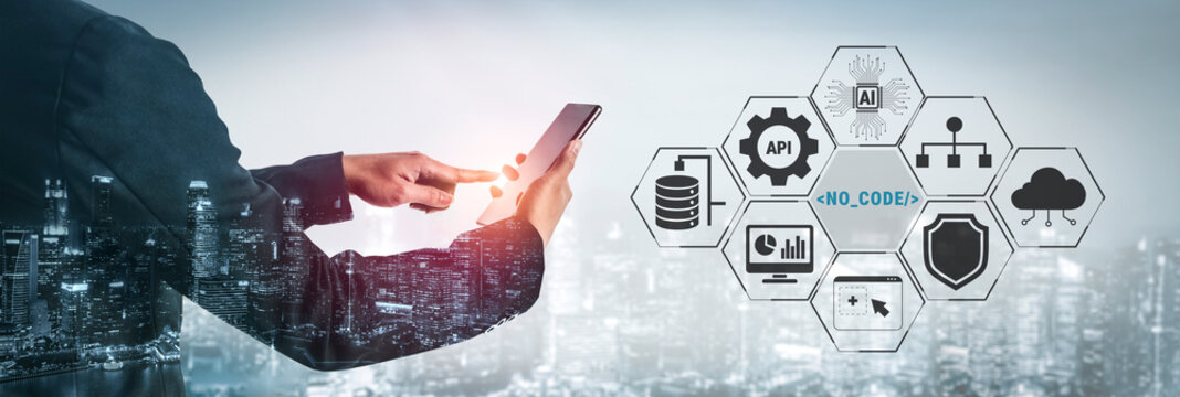 Modern Businessman Using Smartphone with No-Code Development Icons in a Futuristic Urban Setting and Cloud Technology Concept Illustration Quark.