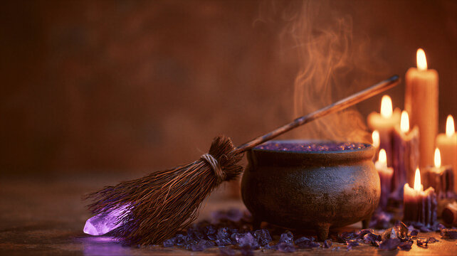 Witch broomstick and steaming cauldron with purple potion and glowing crystal surrounded by burning candles. Mystic still life for halloween, magic ritual, sorcery and occult esoteric background