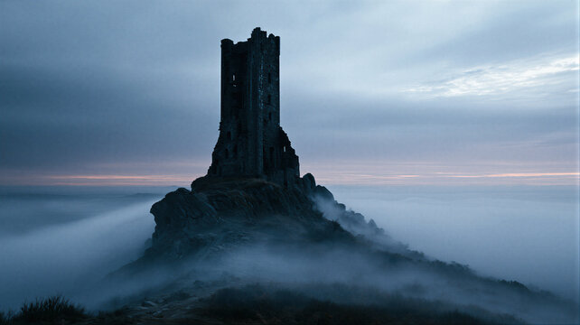 Old ruined stone tower on rocky hill surrounded by thick fog at twilight. Mysterious gothic castle ruins in misty landscape. Spooky haunted atmosphere for halloween concept and dark fantasy background