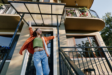 A smiling woman stands on a stairway balcony, arms raised in joy, wearing jeans and an orange...