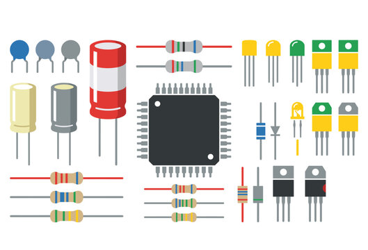 Electronic Components Vector Set With Resistors Capacitors Transistors and Integrated Circuit
