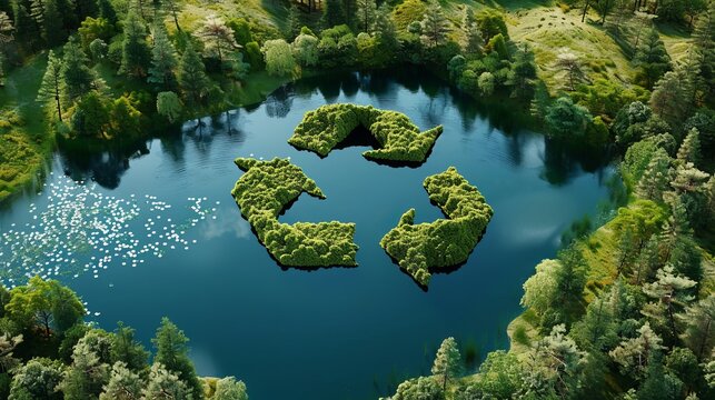 Abstract representation of ecological recycling in a serene jungle with a pond and symbol
