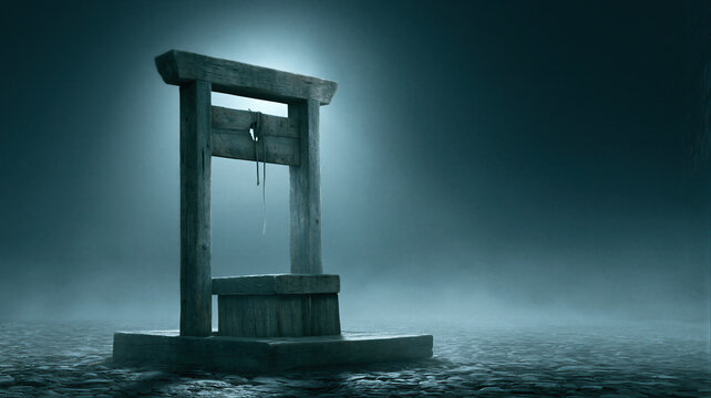 Old wooden guillotine in dark fog. Medieval execution device with rope on misty night. Scary horror scene for halloween, history and mystery concept