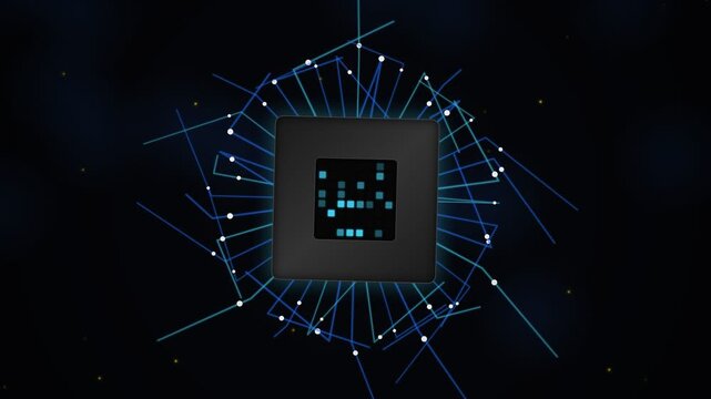Futuristic computer processor with glowing blue digital circuits and neural network connections, concept for artificial intelligence and quantum computing, ideal for tech presentations and scientific