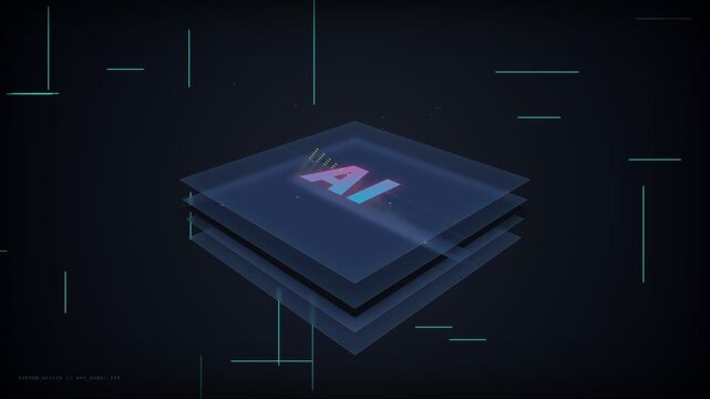 Futuristic microchip processor with glowing AI letters on layered glass plates representing artificial intelligence and machine learning technology ideal for tech presentations, digital
