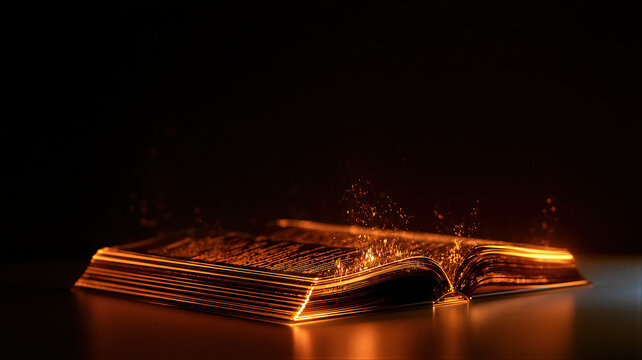 Open magic book with glowing golden light and sparks on dark background. Ancient spellbook with mystical fire energy rising from pages. Halloween wizardry and fantasy mystery concept