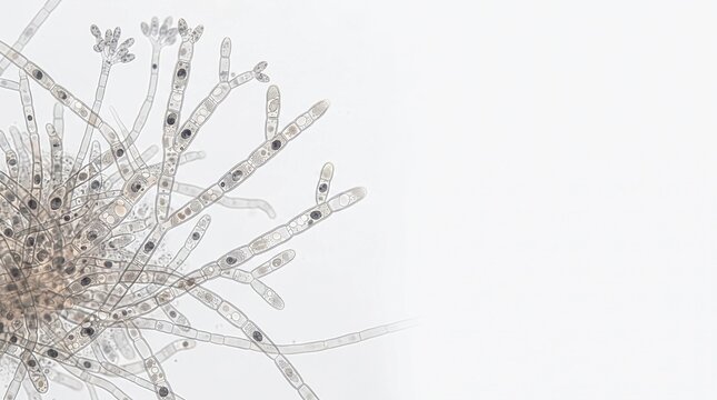 Microscopic View of Branching Fungal Hyphae and Spores Isolated on White Background with Copy Space