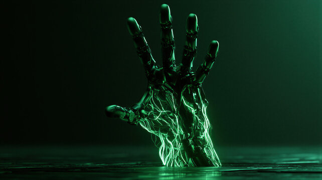 Creepy zombie hand rising from the ground with glowing green energy. Scary monster hand emerging from dark floor. Halloween horror concept for party invitation, poster and spooky background design.