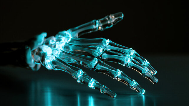 Glowing skeleton hand reaching forward on dark background. X-ray view of human hand bones with blue light. Spooky medical anatomy concept for halloween design and horror party decoration.