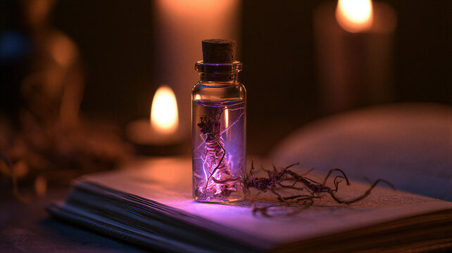 Glass bottle with glowing magic potion and dried roots on old book with burning candles in dark. Alchemist potion and witchcraft concept. Halloween mystic atmosphere and fantasy wizard background