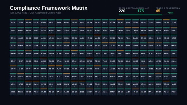 Compliance framework matrix for automated security control audit progress, for corporate governance, risk management, cybersecurity assessment, data protection, regulatory compliance