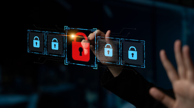 Digital security concept illustrating a cybersecurity breach, with a red unlocked padlock indicating data exposure among secure systems, emphasizing system vulnerability and risk Latch