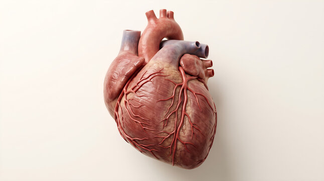 Detailed heart anatomy with coronary arteries for cardiology education, pharmaceutical communication, medical publishing, healthcare reports and professional scientific presentations.