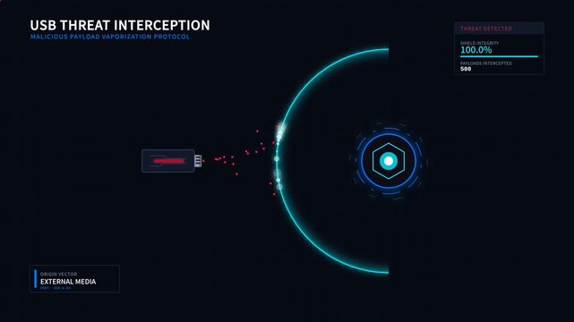 Futuristic cybersecurity interface visualizing usb threat interception malicious payload vaporization protocol, for digital defense, malware protection, data safety, secure network