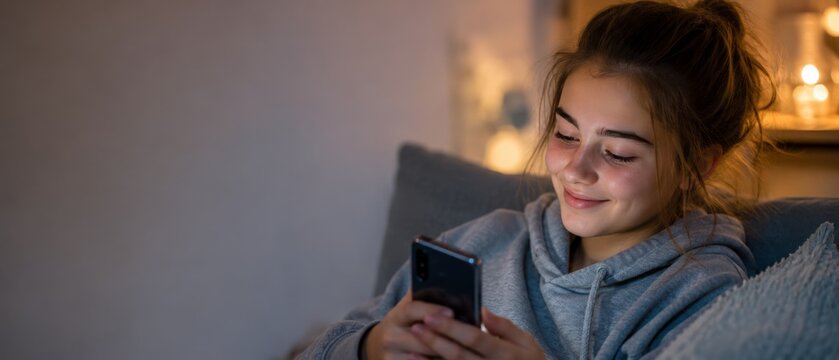 Smiling young woman using smartphone in evening at home. banner format