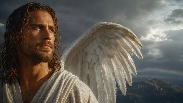 Portrait of an ethereal angelic man with wings looking towards the light and a faint rainbow in a dramatic cloudy sky