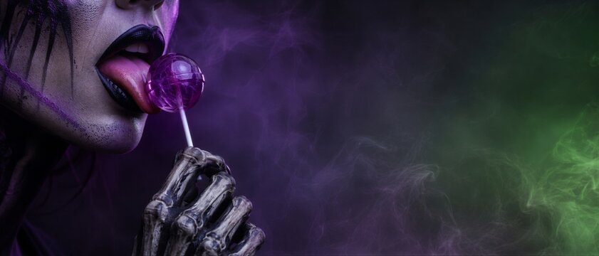 Mysterious dark female figure with skeleton hand licking purple lollipop with smoky banner format