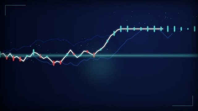 Futuristic digital line chart with fluctuating values rising sharply on a dark blue background, concept for market recovery, ideal for business presentations and economic reports.