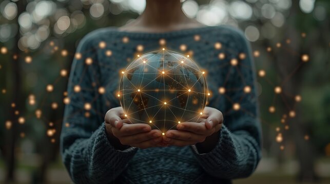 Symbolizing global connectivity  a person holds a bright globe surrounded by interconnected lines