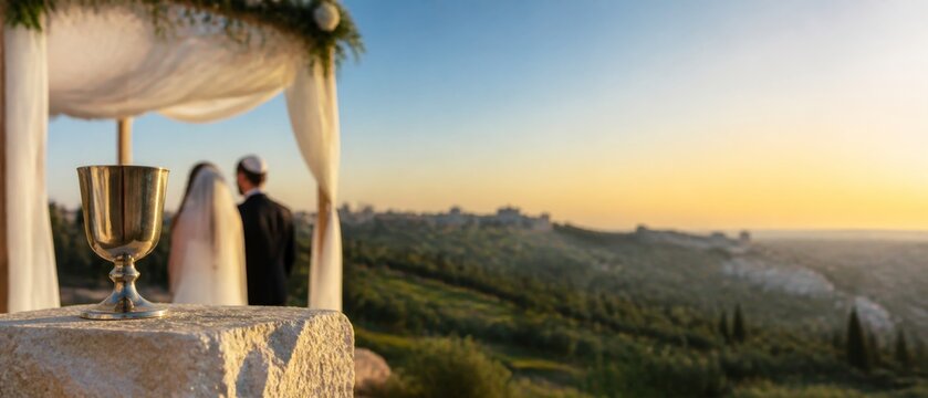 Jewish wedding ceremony with bride and groom under chupah at sunset, an ancient gold kiddush cup in banner format