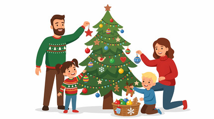 Naklejka premium Happy Family Decorating a Christmas Tree Together Indoors with Ornaments and Lights, Festive Holiday Scene isolated on white background