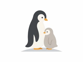 Fototapeta premium Cute Mother Penguin and Her Baby Chick Standing on Ice.