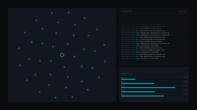 Futuristic network data visualization interface with expanding node connections, for cloud computing, cybersecurity monitoring, system analysis, big data processing in digital technology