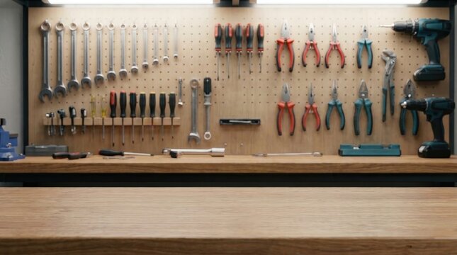 Organized woodworking workbench with blurred tools on a pegboard background for DIY projects.