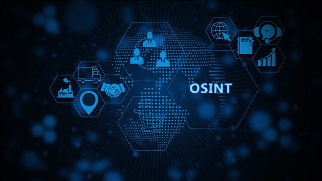Digital osint intelligence concept featuring a glowing blue dotted globe, interconnected hexagonal data analysis symbols