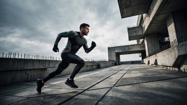 Determined Athlete Sprinting on Urban Concrete Walkway