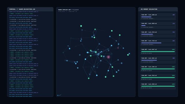Futuristic neural network processing data streams managing tasks, for artificial intelligence, cloud computing, machine learning, digital infrastructure, advanced technology systems