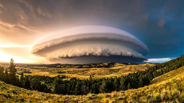 Dramatic supercell thunderstorm cloud over green hills.