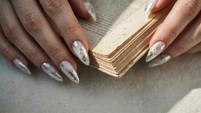 Hands with Manicured Nails Near Stacked Planning Notes and Papers