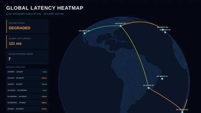 Global latency heatmap interface for network traffic degradation, for server performance monitoring, internet speed testing, data transmission tracking, cyber security analysis in digital