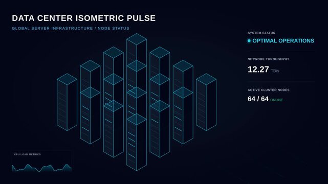 Isometric data center server pulse animation for global infrastructure network status, for cloud computing, big data processing, cybersecurity monitoring, digital technology systems