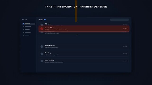 Phishing attack intercepted blocked in modern email inbox interface, for cybersecurity defense, malware protection, threat detection, data privacy, digital risk management