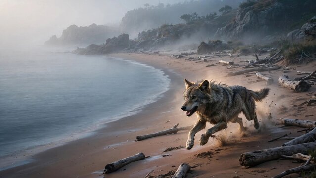 Wild Wolf Running on Foggy Coastal Beach