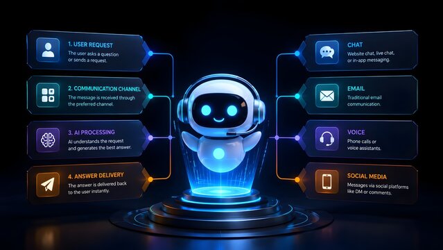 AI chatbot processing flowchart showing customer service communication channels and automated answer delivery