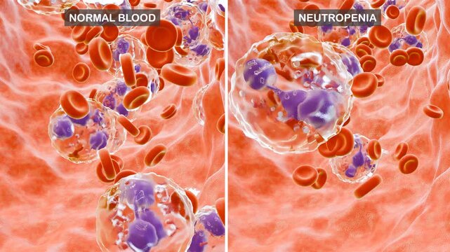 3D animation illustrating neutropenia, designed for college-level learning and educational presentations.